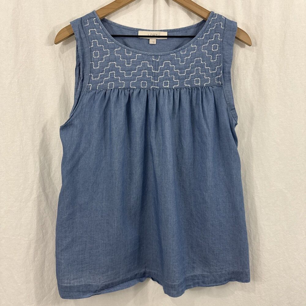 LOFT Blue Embroidered Sleeveless Lightweight Coastal Beach Flowy Top Womens Sz S